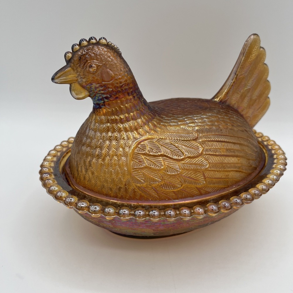 Indiana Glass Carnival Amber Hen on Nest Dish Iridescent 7" Vintage
